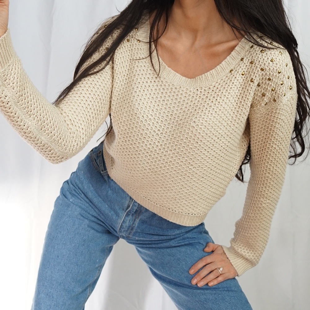 Parisian Cropped crochet crew neck sweater